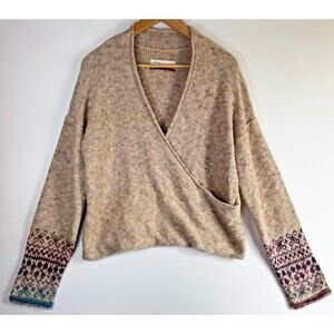 Anthropologie Pilcro M Beige Fair Isle Faux Wrap Sweater Heathered Knit NWT